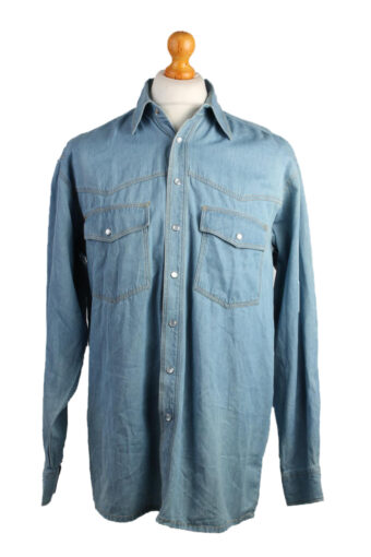Men Denim Shirts 90s Retro Long Sleeve Blue XL