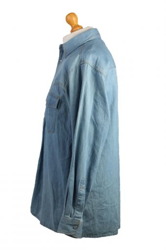 Men Denim Shirts 90s Retro Long Sleeve Blue XL