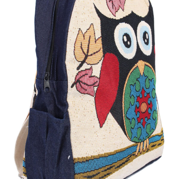 Ladies Owl Printed Bag With Denim Details – Black Owl