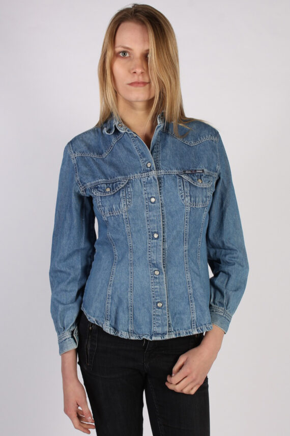 Women Denim Shirt Long Sleeve 90s Retro Blue S