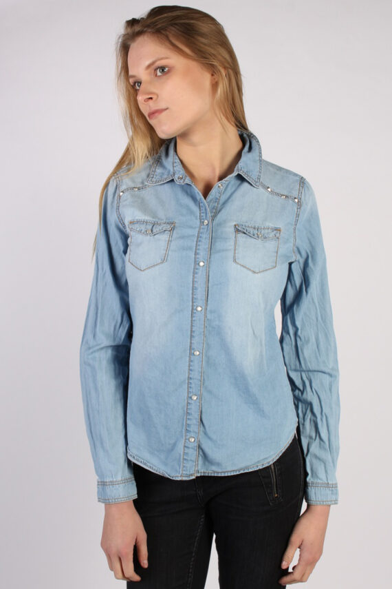 Women Denim Shirt Long Sleeve 90s Retro Blue M