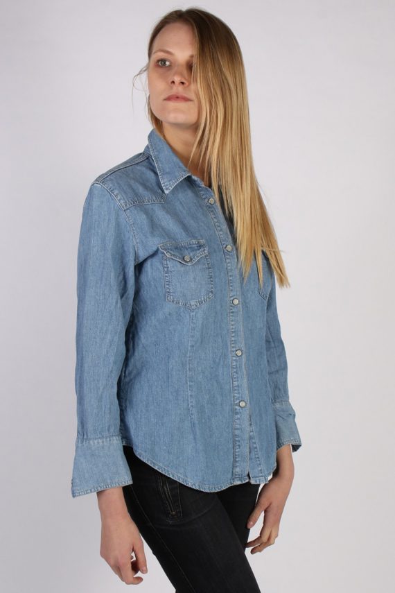 Women Denim Shirt Long Sleeve 90s Retro Blue XL