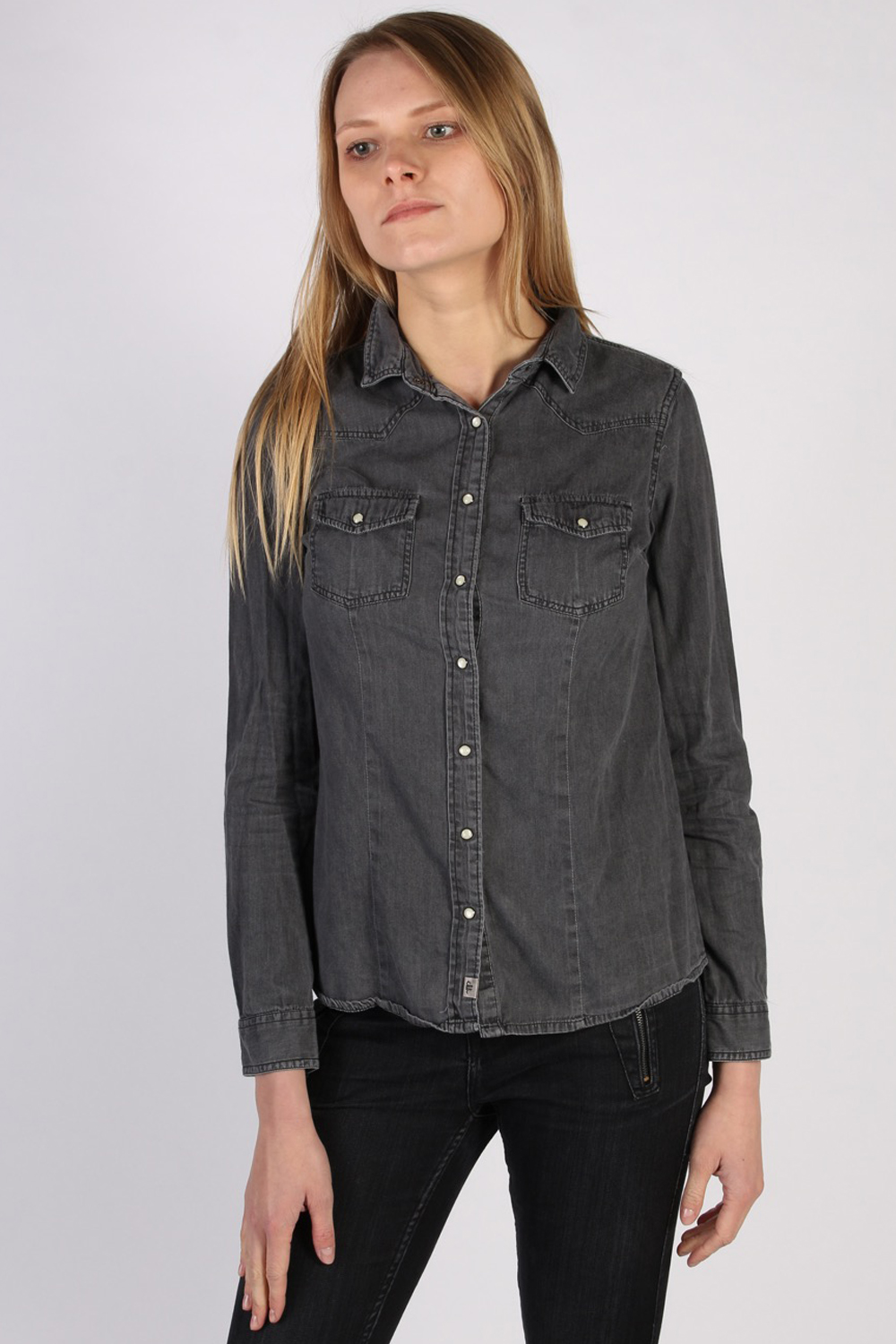 Women Denim Shirt Long Sleeve 90s Retro Grey M Pepper Tree London