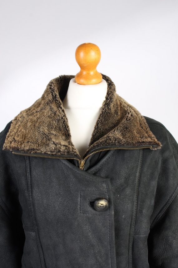 Vintage Fur Lined Coat Sheepskin Leather XL Black