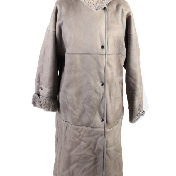 Vintage Fur Lined Coat Sheepskin Leather L Grey