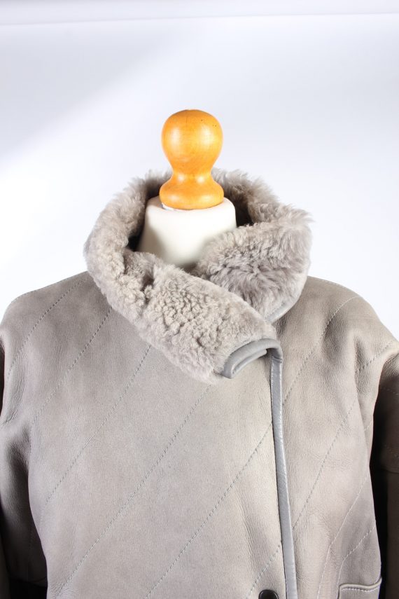 Vintage Fur Lined Coat Sheepskin Leather L Grey
