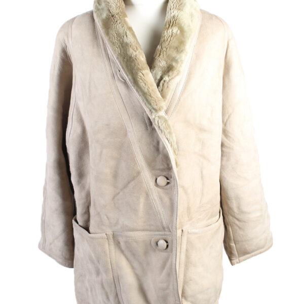 Vintage Fur Lined Coat Sheepskin Leather L Beige