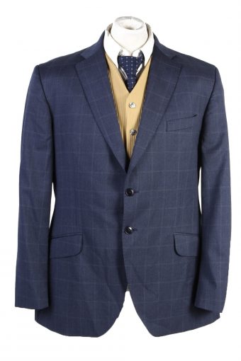 Mens Blazer Jacket Lined Wool Checkered Slim Fit 46R Dark Blue XL