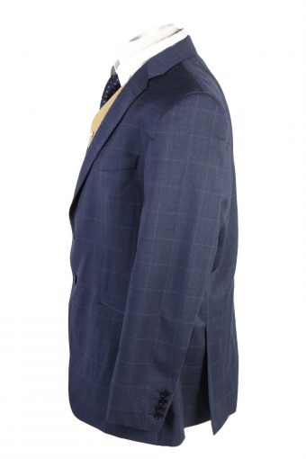 Mens Blazer Jacket Lined 100% Wool Checkered Slim Fit Size 46R Dark Blue HT2835-131086