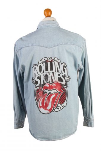Remake Denim Shirt Rolling Stones Lips Printed Long Sleeve 90s Ice Blue L