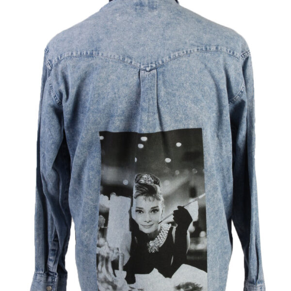 90s Denim Shirt Remake Audrey Hepburn Printed Long Sleeve Mid Blue L