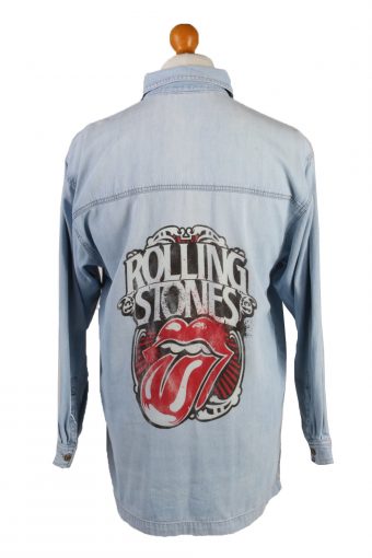 Denim Shirt Remake Rolling Stones Lips Printed Long Sleeve Ice Blue L