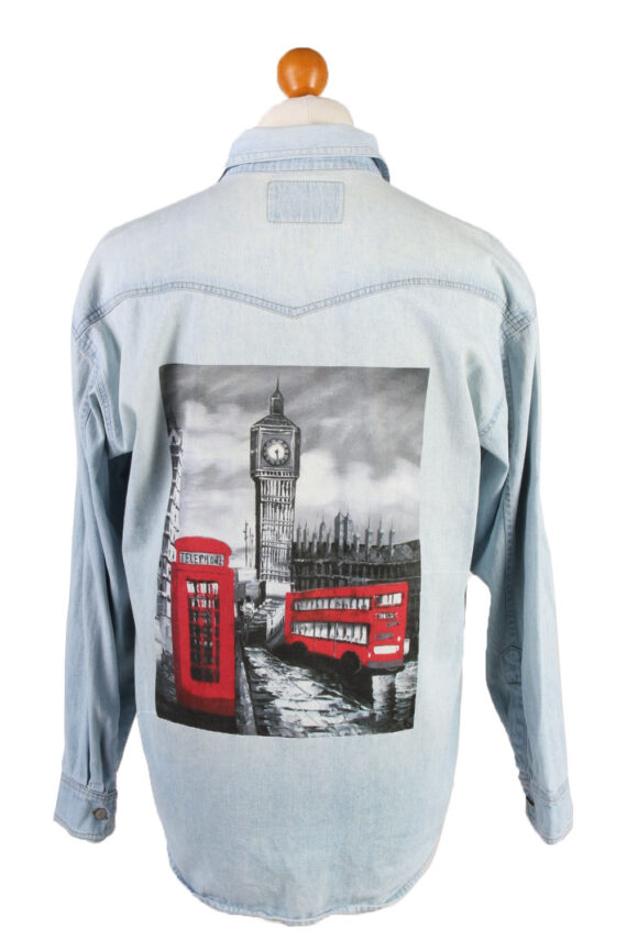 Denim Shirt London Big Ben Printed Remake Long Sleeve Light Blue L