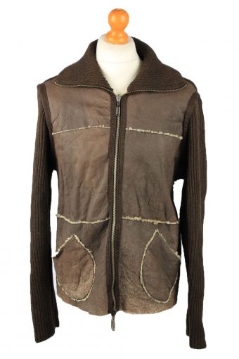 Vintage Mens Leather Fleece Lining Jacket Jumper XL Brown