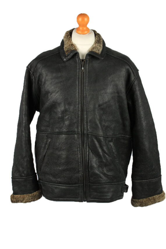 Vintage Original Shearling Mens Sheepskin Leather Coat 80s Size 44 Black