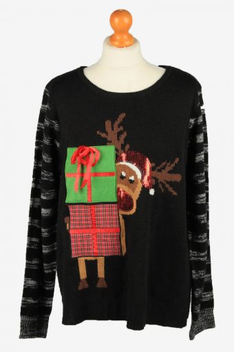 Christmas Jumper Womens Crew Neck Holiday Time Black XXL