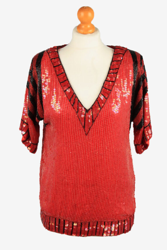Sequined Silk Top Blouse Womens 80s Red M