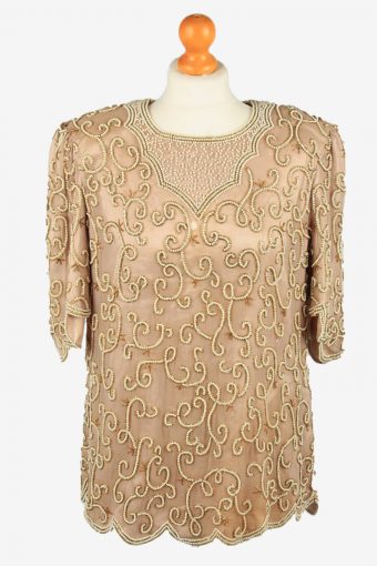 Beaded Top Blouse Womens 80s L Coffee Coffee L
