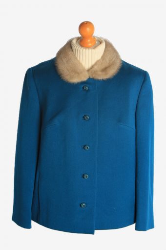 Womens Coat Fur Collar Designer Vintage Size XL Teal C2325