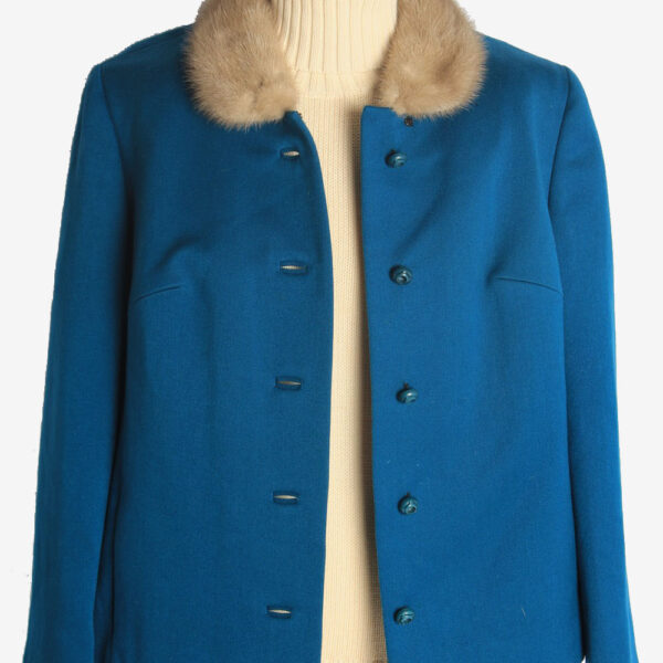 Womens Coat Fur Collar Designer Vintage Size XL Teal C2325