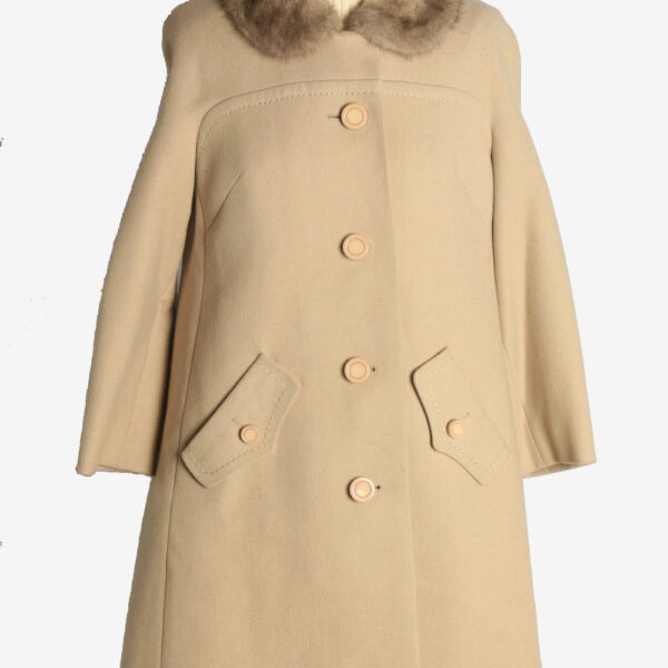 Womens Overcoat Fur Collar Designer Vintage Size L Beige C2330
