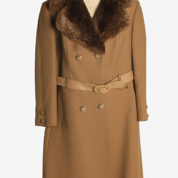 Womens Overcoat Fur Collar Designer Vintage Size L Coffee C2332