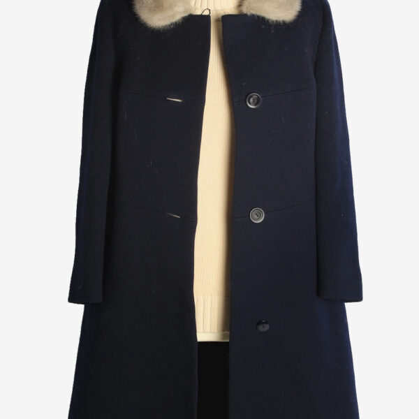 Womens Overcoat Fur Collar Designer Vintage Size S Navy C2333