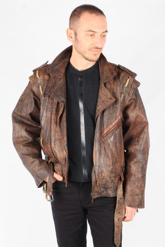 Genuine Leather Motorbike Jacket Mens Zip Up Vintage Size L Black C3124