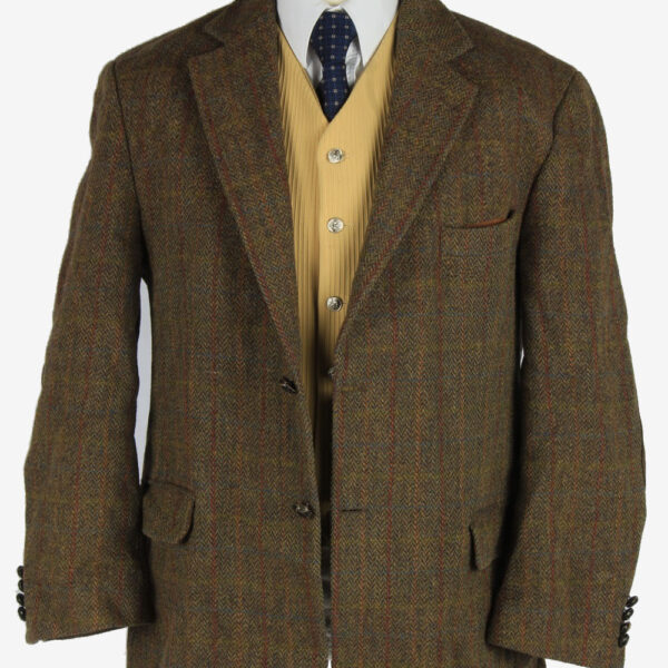 Harris Tweed Blazer Jacket Windowpane Elbow Patch Khaki XL