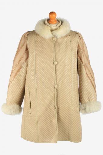 Womens Leather Coat Fur Lined Button Up Vintage Size XL Beige C2946