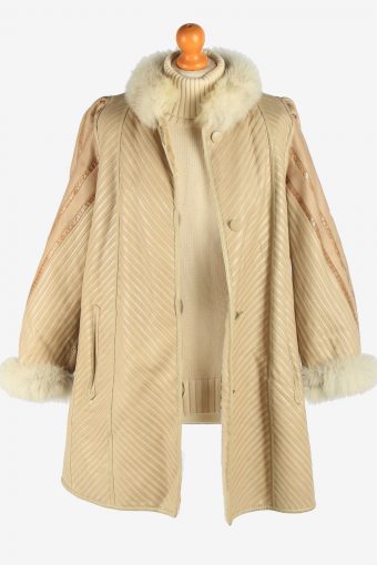 Womens Leather Coat Fur Lined Button Up Vintage Size XL Beige C2946-162089