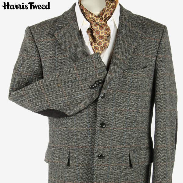Harris Tweed Vintage Blazer Jacket Windowpane Elbowpatch Grey Size L