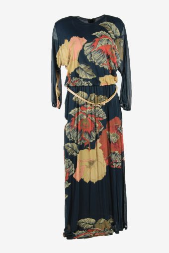 Floral Maxi Dress Vintage Crew Neck With Belt 90s Navy Size One Size