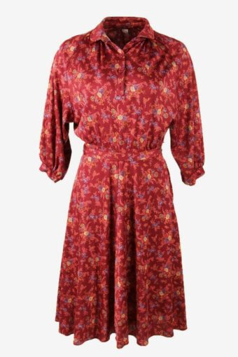 Floral Midi Dress Vintage Collared Neck Retro 90s Burgundy Size UK 8/10