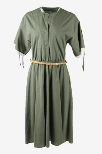 Vintage Plain Long Dress Belted Elasticated Waist 80s Khaki Size UK 10