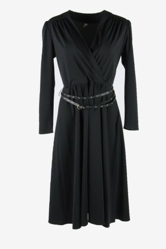 Plain Maxi Dress Vintage V Neck Party Night With Belt Black Size L