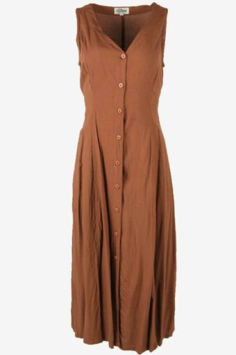 Plain Midi Dress Vintage V Neck Adjustable Waist Retro 90s Brown Size M