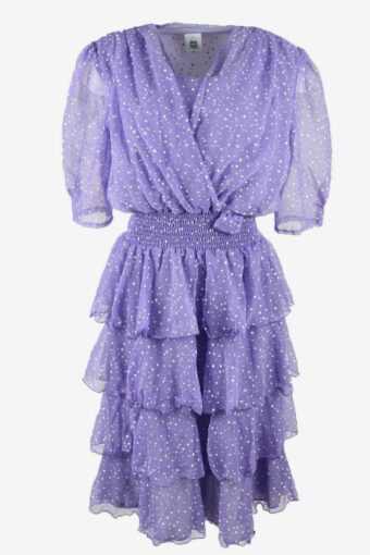 Polka Dot Ruffle Midi Dress Vintage V Neck Retro 90s Purple Size UK 14