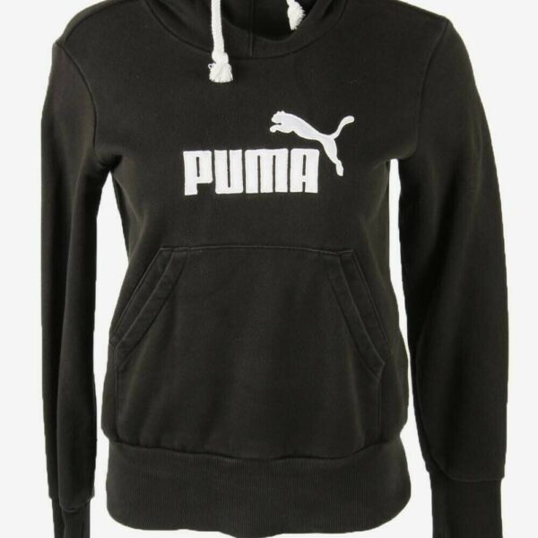 Puma Hoodie Vintage Pullover Logo Pockets Retro 90s Black Size UK 10