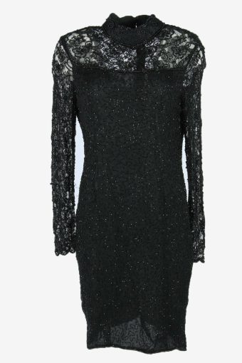 Sequin Midi Dress Vintage Beaded Collared Wedding 90s Black Size L