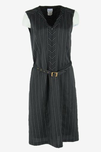 Striped Midi Dress Vintage V Neck Casual With Belt Formal Black Size L