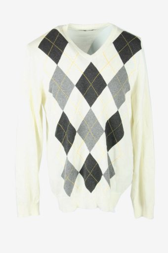 Vintage Diamond Sweater V Neck Jumper Casual Golf 90s White Size XL