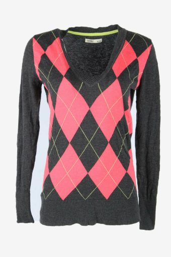 Vintage Diamond Sweater V Neck Pullover Jumper Golf 90s Grey Size M