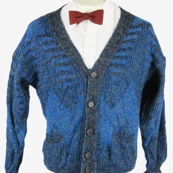 Vintage Knit Cardigan V Neck Pocket Aztec Button Up 90s Blue Size S