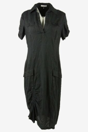 Vintage Linen Midi Dress Pockets Collared Retro 90s Black Size UK 18