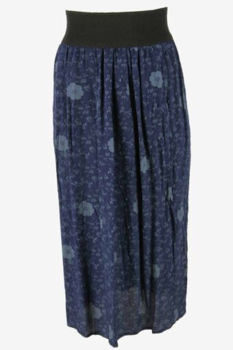 Vintage Long Skirt Floral Elasticated Waist Retro 90s Navy Size UK 12