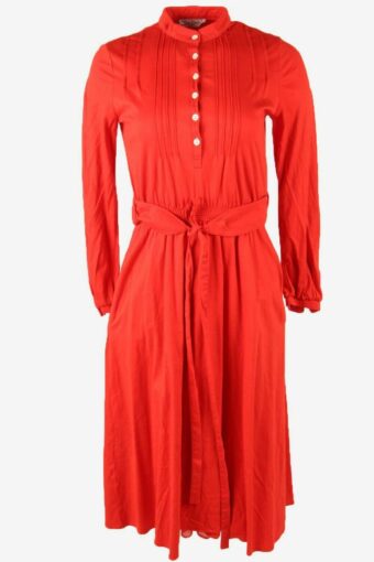Vintage Midi Dress Collared Elasticated Waist Belted 90s Red UK 18