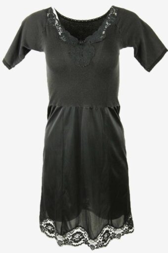 Vintage Short Sleeve Slip Dress Lace Nightdress Retro 90s Black Size S