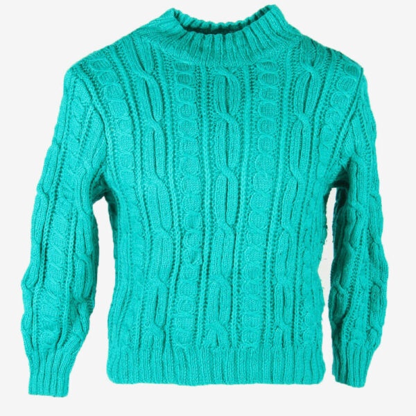 Vintage Wool Jumper Cable Knit Turtle Neck Pullover 90s Turquoise Size M