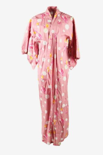 Authentic Japanese Kimono Vintage Womens Floral Robe Full Length Pink